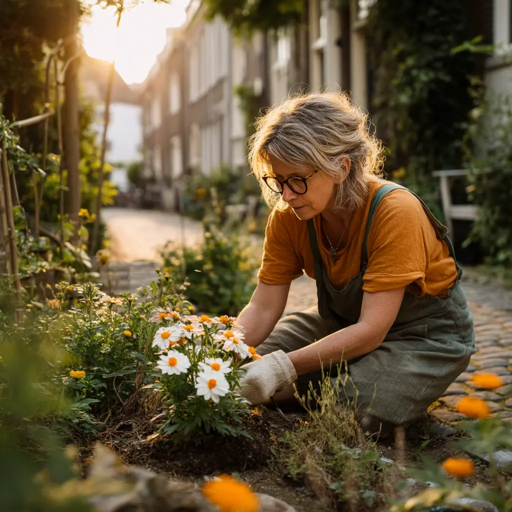 Eine Frau um die 60 sitzt mit Gartenhandschuhen in einem kleinen Stadtgarten, hält eine blühende Pflanze in der Hand. Ihr Blick ist ruhig, konzentriert, leicht lächelnd – ein stiller Moment des Werdens und Wachsens.
