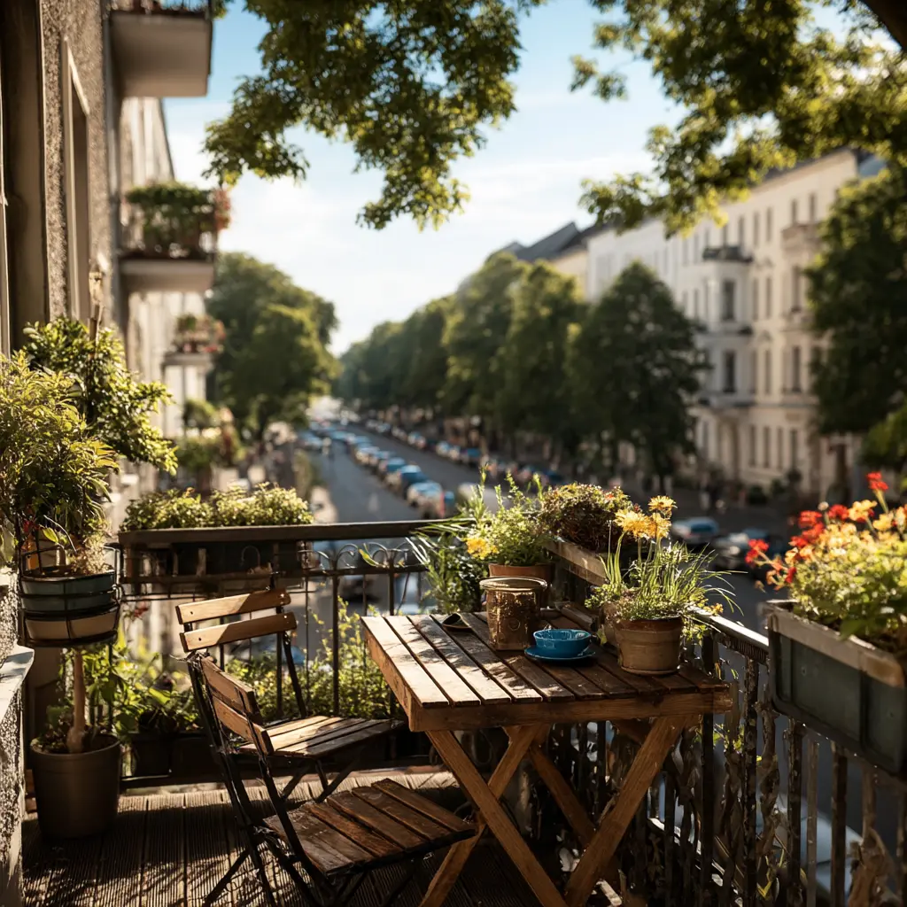 Deutscher Balkon mit bunten Blumen, Stühlen und Blick über einen Innenhof