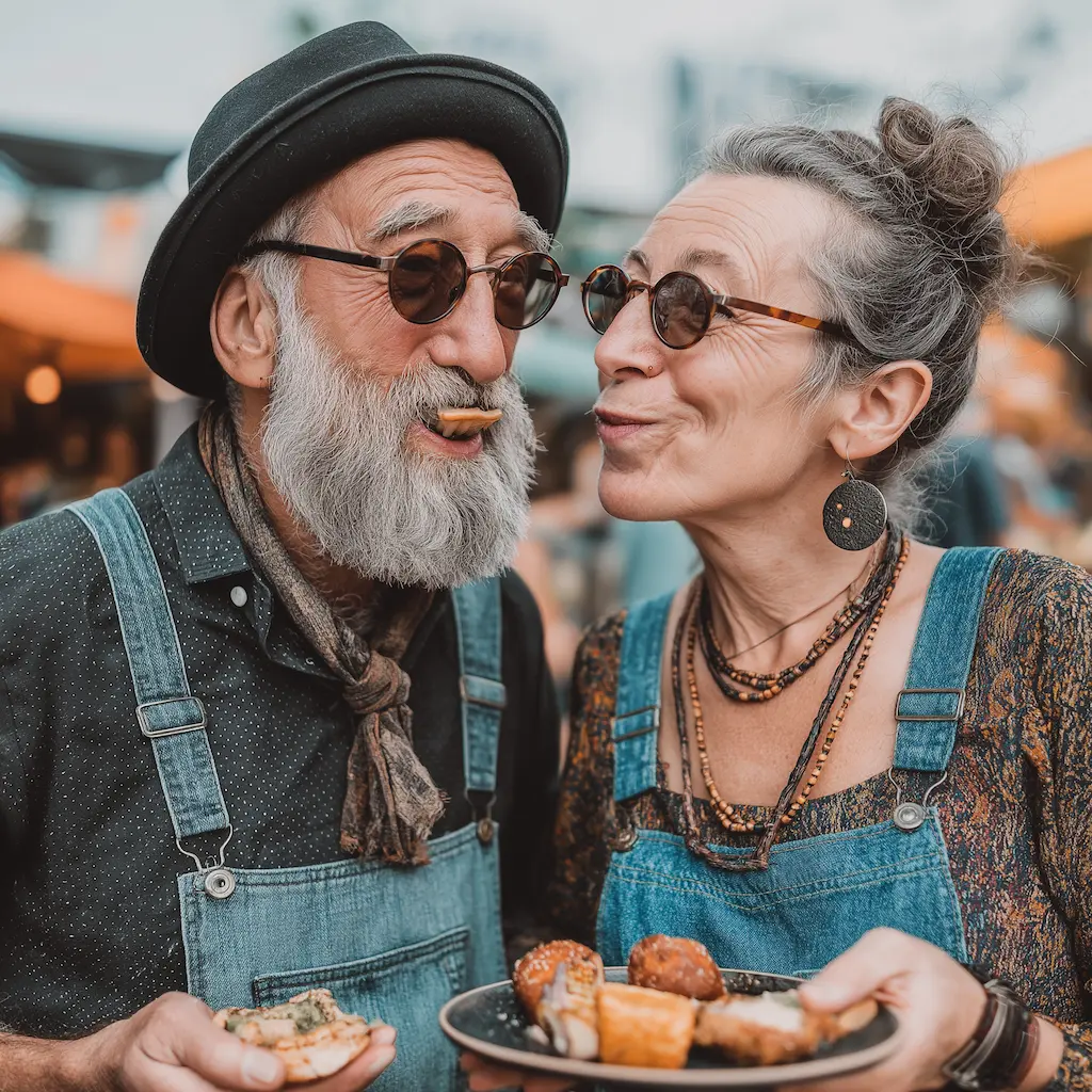 Ein Mann und eine Frau, beide um die 60, stehen an einem Streetfood-Truck in Hamburg, teilen sich einen Teller und lachen. Die Stimmung ist lebendig, sommerlich, flirty – ein Moment zwischen Genuss und Begegnung.