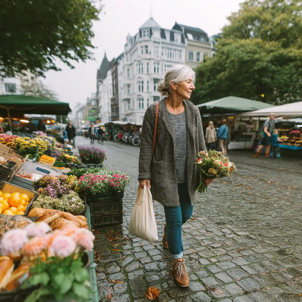 Eine Frau Anfang 60 schlendert entspannt über den Isemarkt in Hamburg. Mit einer Leinentasche über der Schulter wählt sie Blumen und frisches Brot aus. Sie trägt bequeme Kleidung und lächelt leicht für sich selbst. Um sie herum quirliges Markttreiben mit Menschen, Rädern und Ständen. Das Licht ist natürlich, die Stimmung lebendig, echt und ungefiltert.