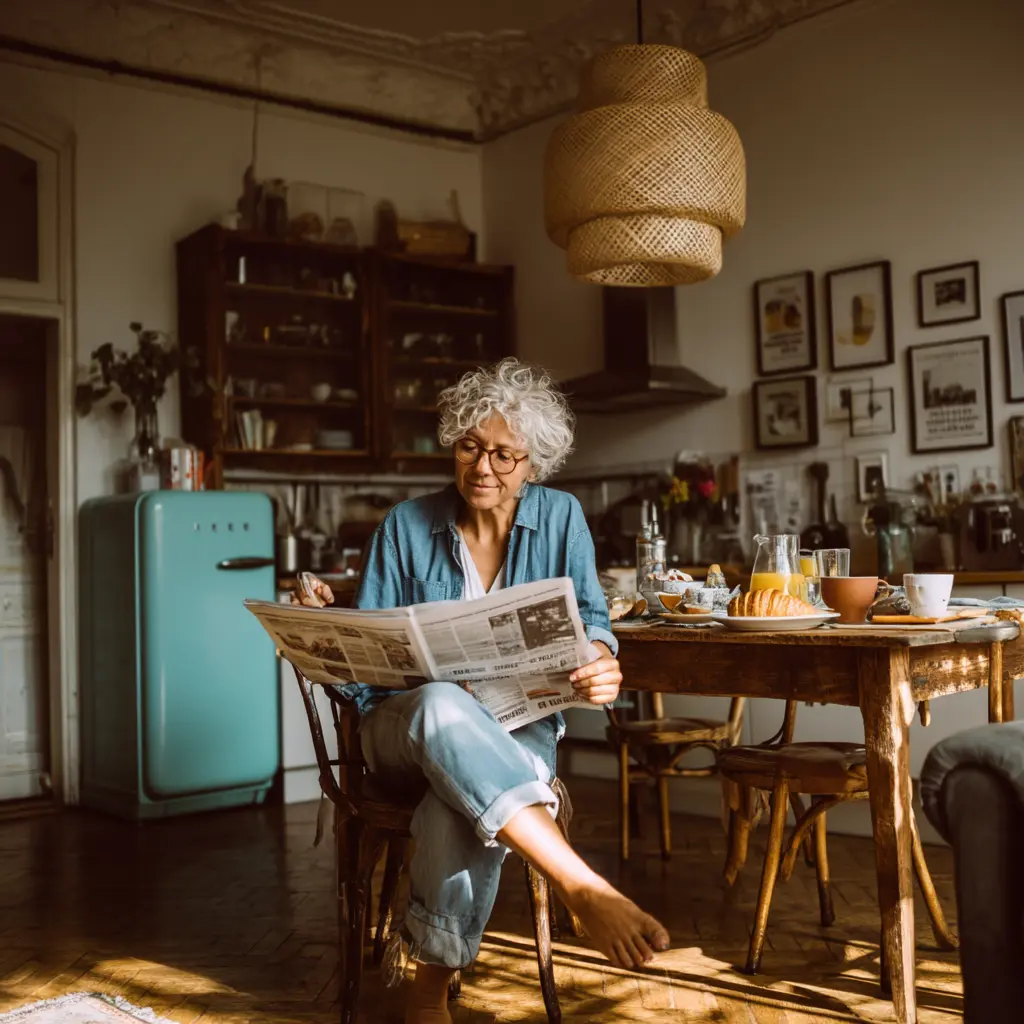 Frau um die 60 sitzt allein am Frühstückstisch, sie liest Zeitung, Sonnenlicht fällt durch das Fenster. Ihr Blick ist ruhig, wach, bei sich. Die Szene wirkt warm, klar, reduziert – ein stiller Moment ganz für sie.