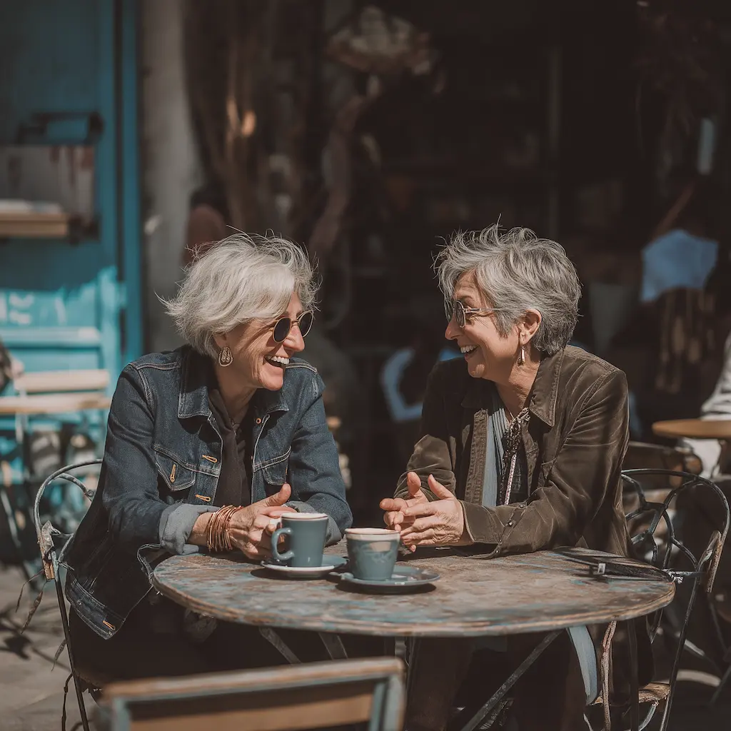 Zwei Personen unterhalten sich entspannt bei einer Tasse Kaffee in einem Café, symbolisieren Gelassenheit und Verbundenheit
