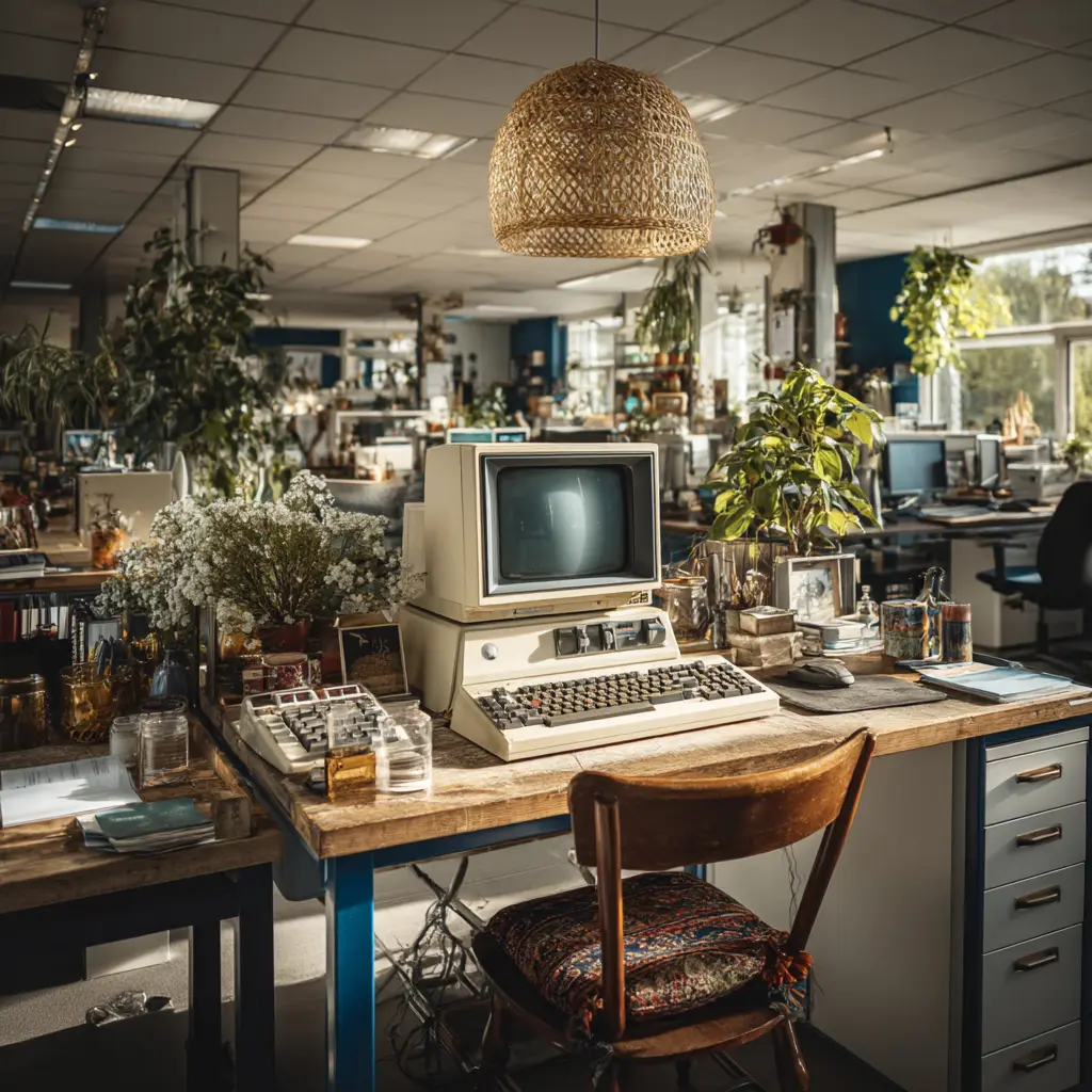 Alte Technikgeräte: Faxgerät, Walkman, Diskette, Röhrenfernseher auf einem Tisch