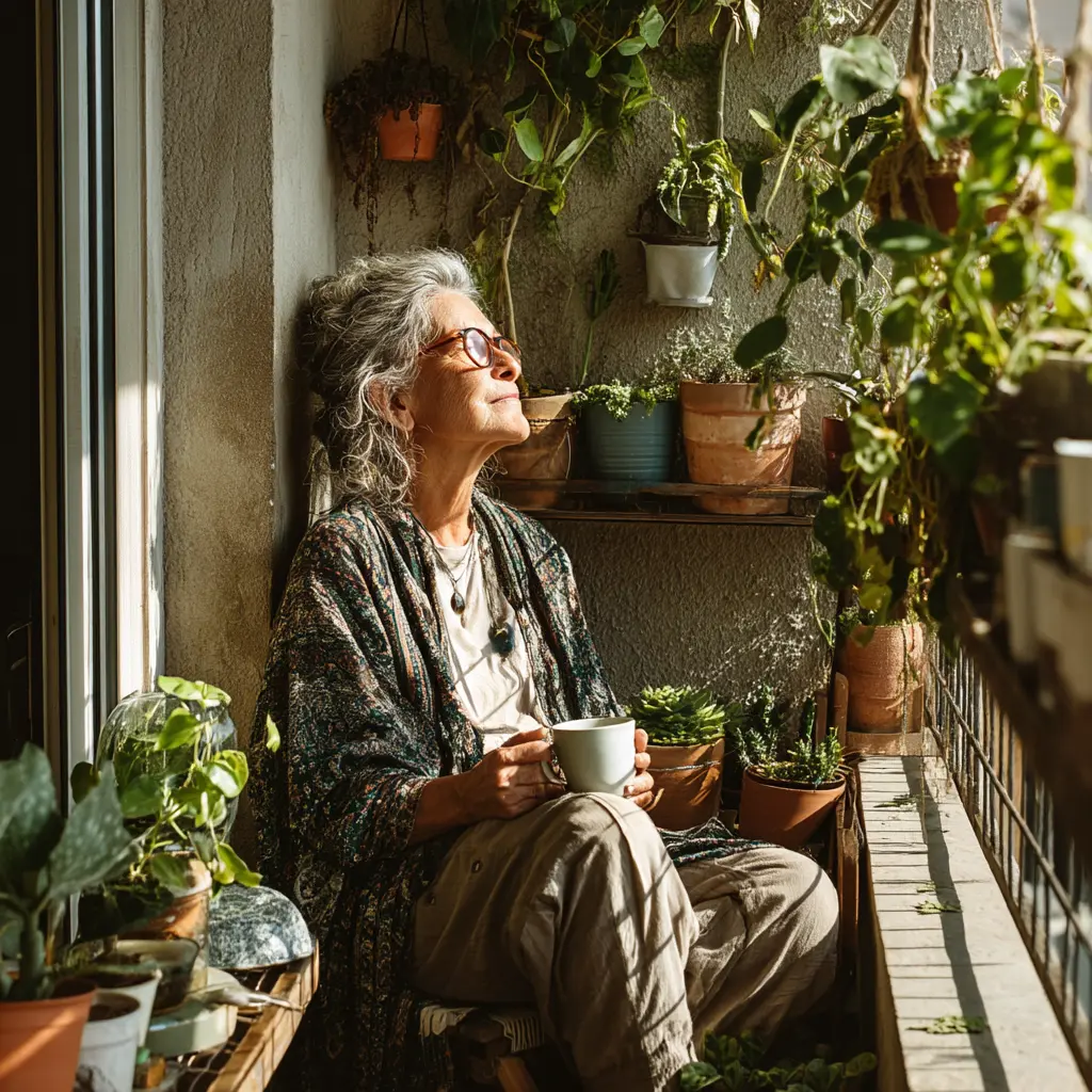 Eine Frau um die 60 sitzt mit einer Tasse Tee auf einem gemütlichen Balkon, umgeben von Pflanzen. Ihr Blick geht in die Ferne, ruhig, leicht verträumt. Der Moment ist still, sonnig, friedlich – ein Augenblick zwischen Fernweh und Heimkommen.