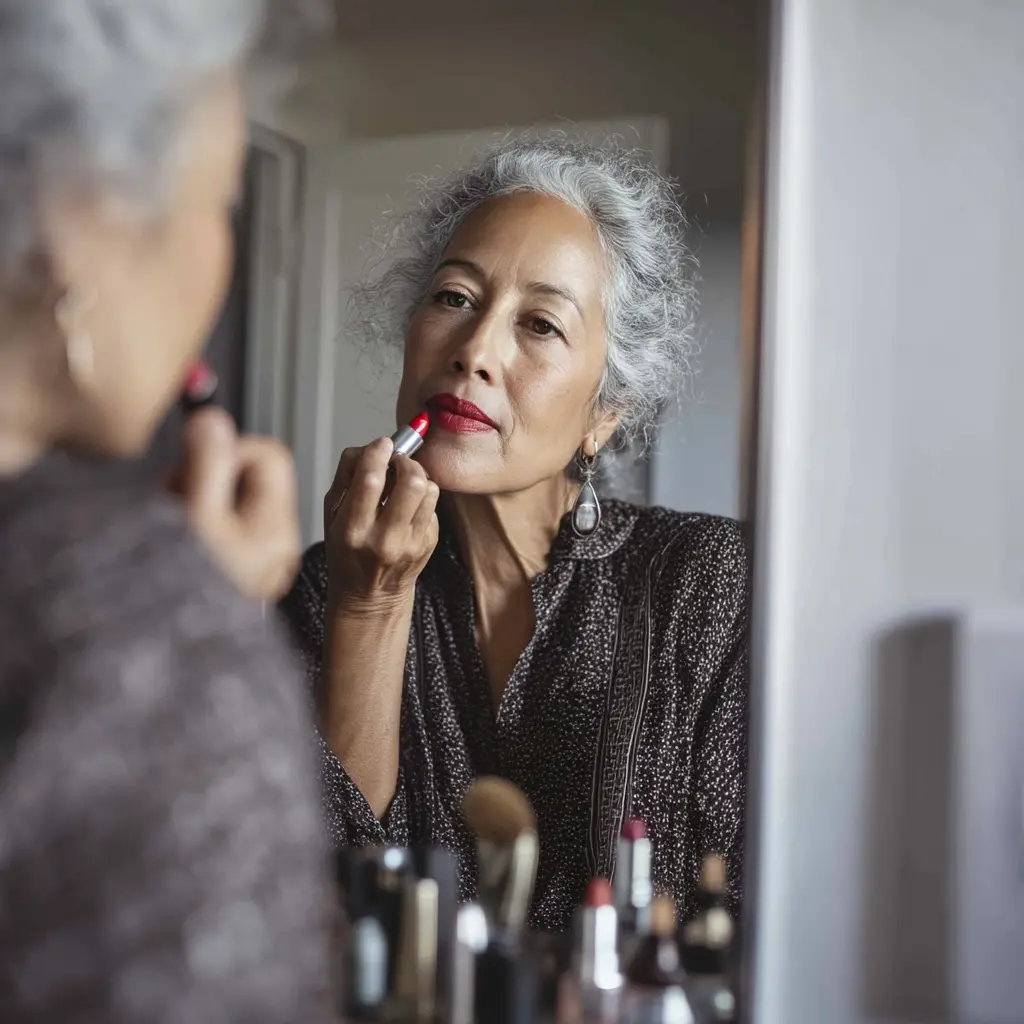 Frau um die 60 steht morgens im Bad, trägt roten Lippenstift und sieht sich im Spiegel an. Ihr Blick ist ruhig, klar, selbstbewusst – ein stiller Moment der Rückeroberung.