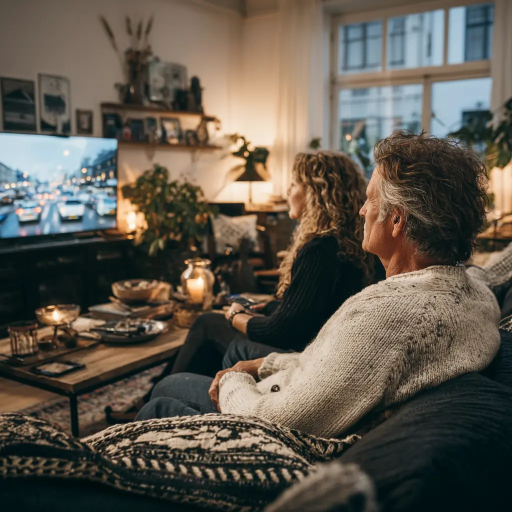 Zwei Personen sitzen auf der Couch und gucken Tartort.