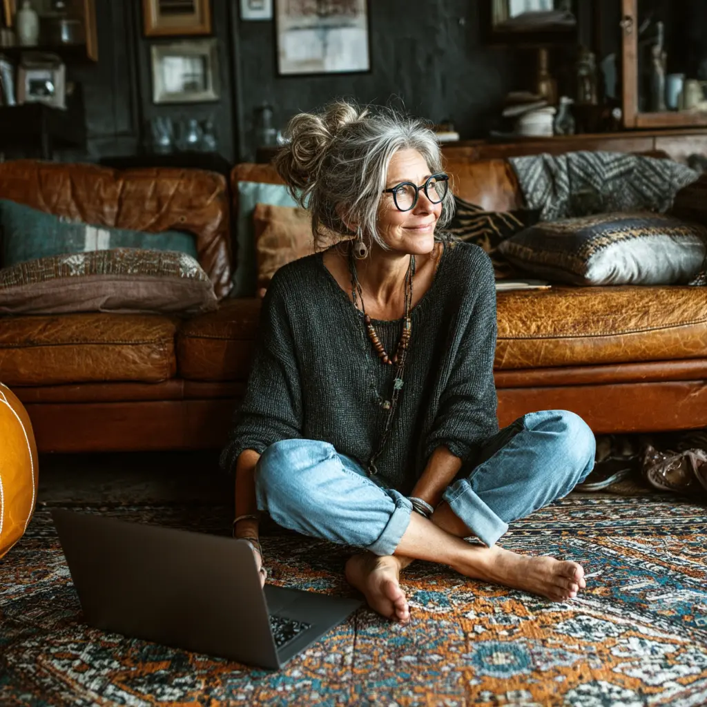 Frau um die 60 sitzt an einem Laptop, lächelt leicht, während sie in einem Videocall sitzt. Im Hintergrund ein gemütliches Wohnzimmer. Ihr Blick ist konzentriert, humorvoll, entspannt – ein realistischer, würdevoller Umgang mit Technik.