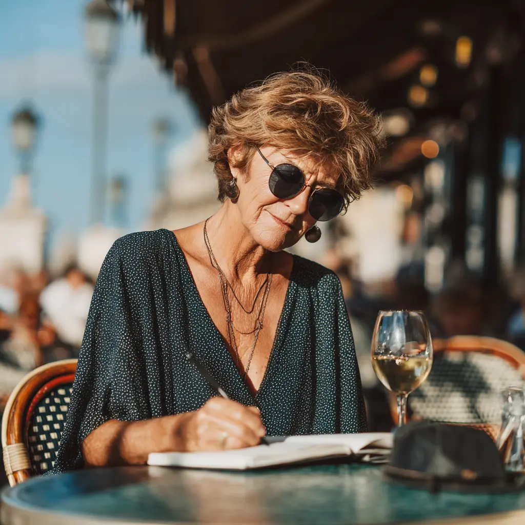Ältere Frau sitzt alleine im Straßencafé mit Notizbuch, lächelnd und zufrieden – Reisen ab 60 mit Leichtigkeit und Tiefe