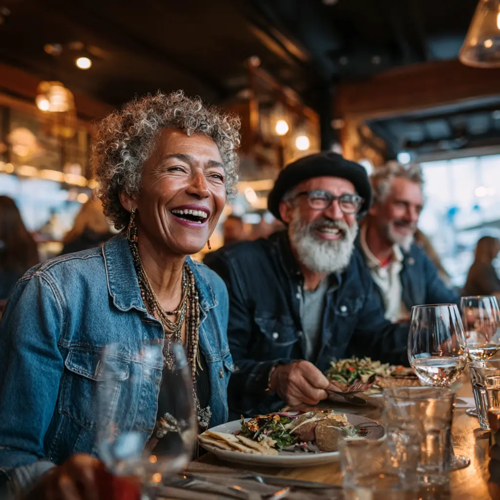Lachende Frau mit lockigem Haar und Freunde beim gemeinsamen Essen im Restaurant