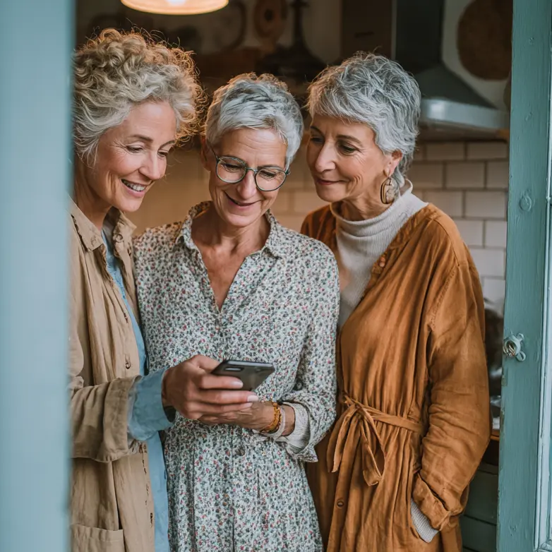 Drei Frauen ab 60 schauen gemeinsam auf ein Smartphone und lachen
