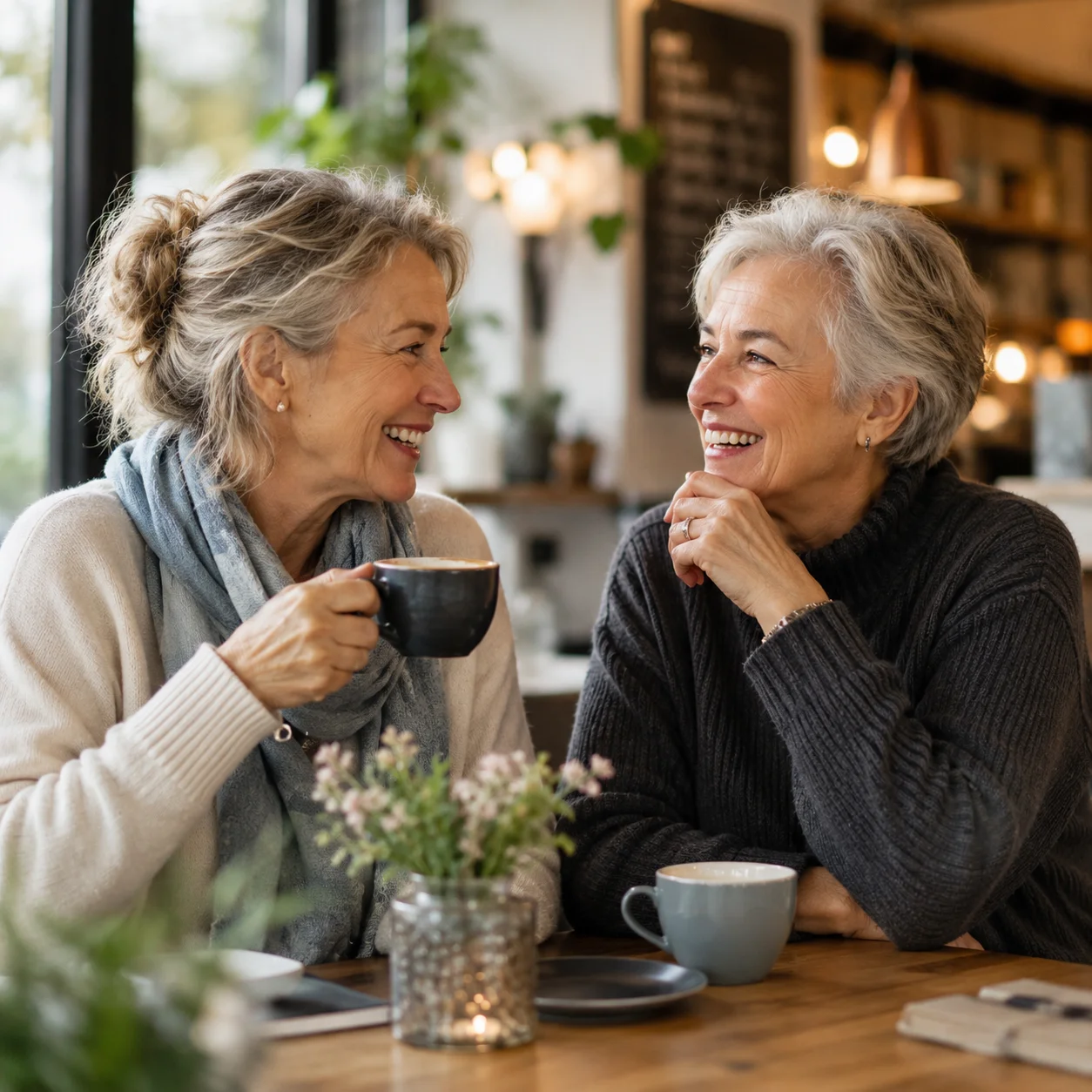 Zwei Personen unterhalten sich entspannt bei einer Tasse Kaffee in einem Café, symbolisieren Gelassenheit und Verbundenheit