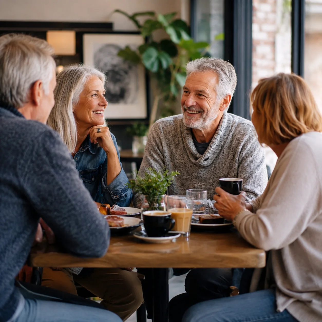 Lachende Frau mit lockigem Haar und Freunde beim gemeinsamen Essen im Restaurant