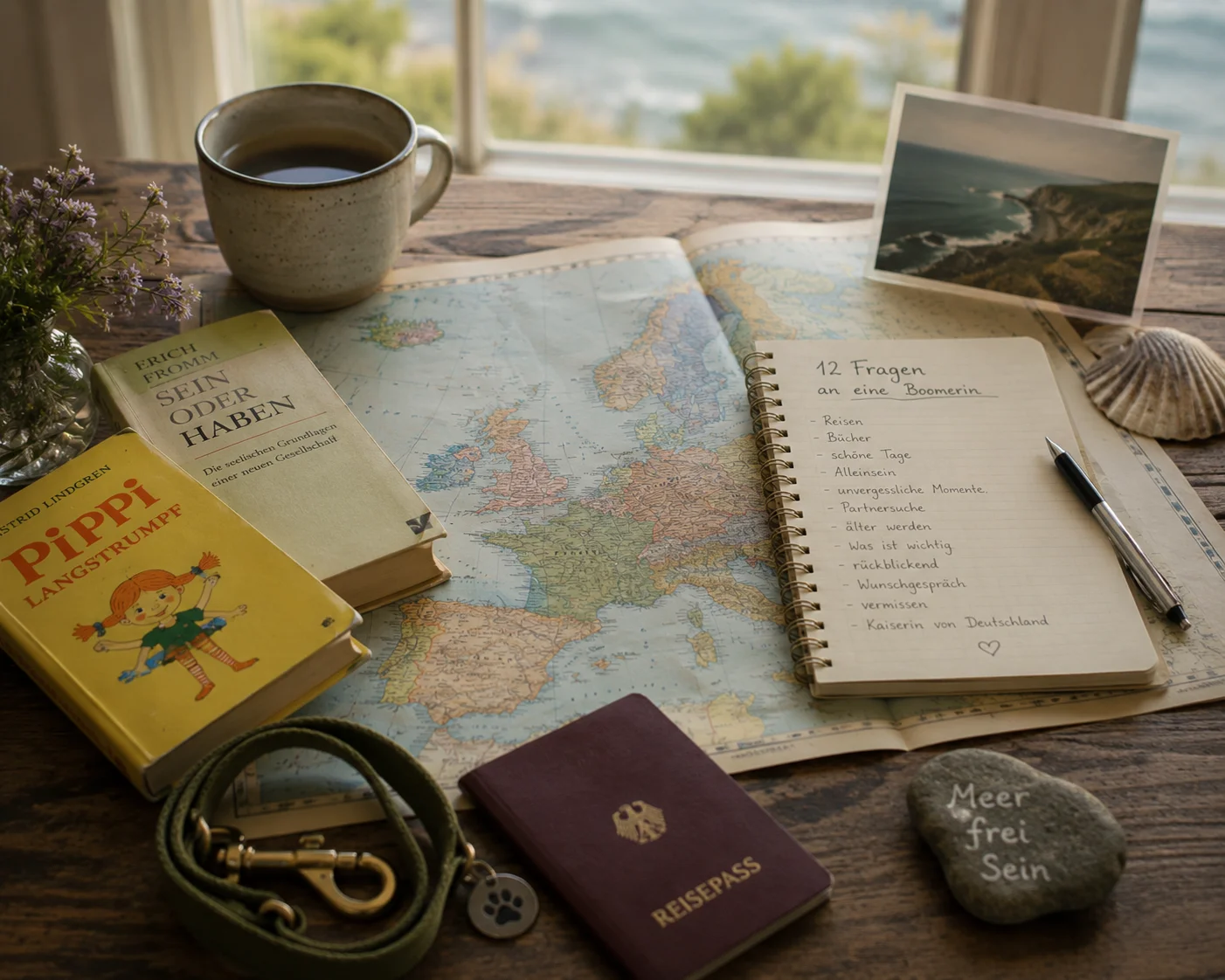 Europa-Landkarte, Bücher, Reisepass und Notizbuch auf einem Holztisch – Symbol für Reisen, Lebenserfahrung und neue Perspektiven im dritten Lebensabschnitt.