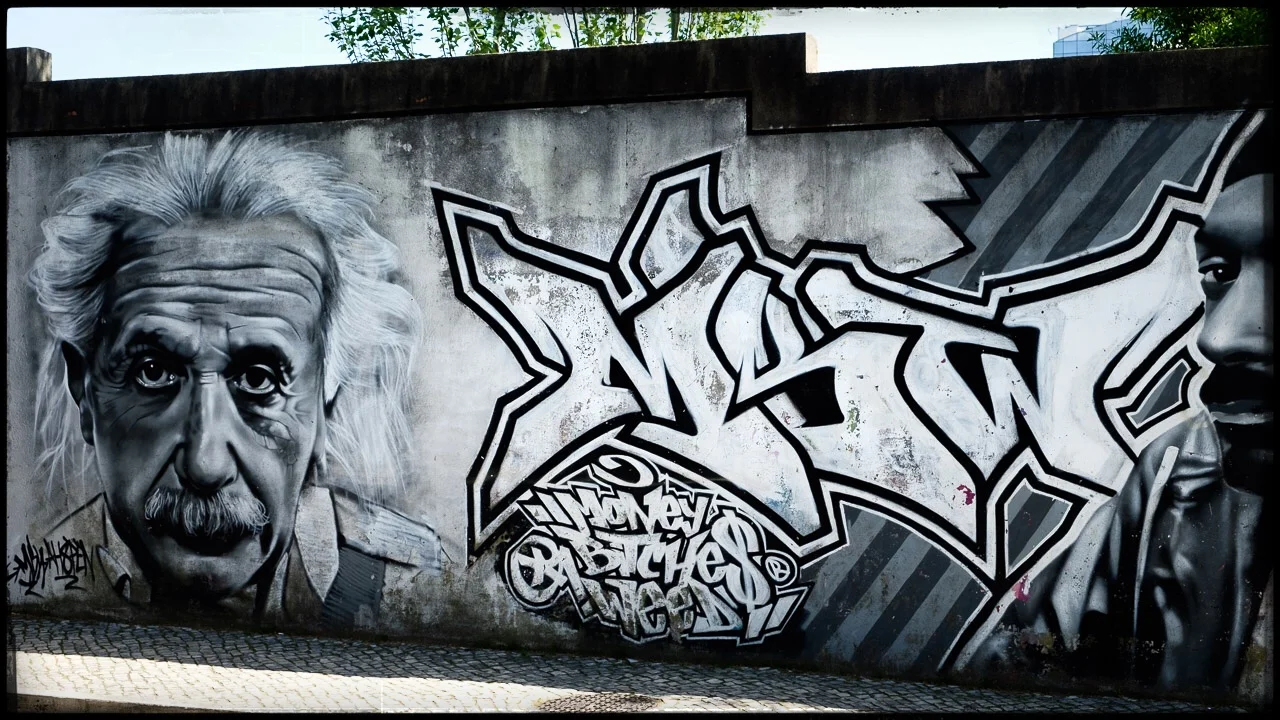 Großformatige Street Art mit Graffiti und Porträts auf einer Betonwand – moderne Kunst im öffentlichen Raum.